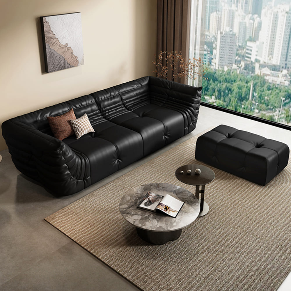 Tatami Calf Leather 3-Seater Sofa Pleated Shaped Armrest Couch