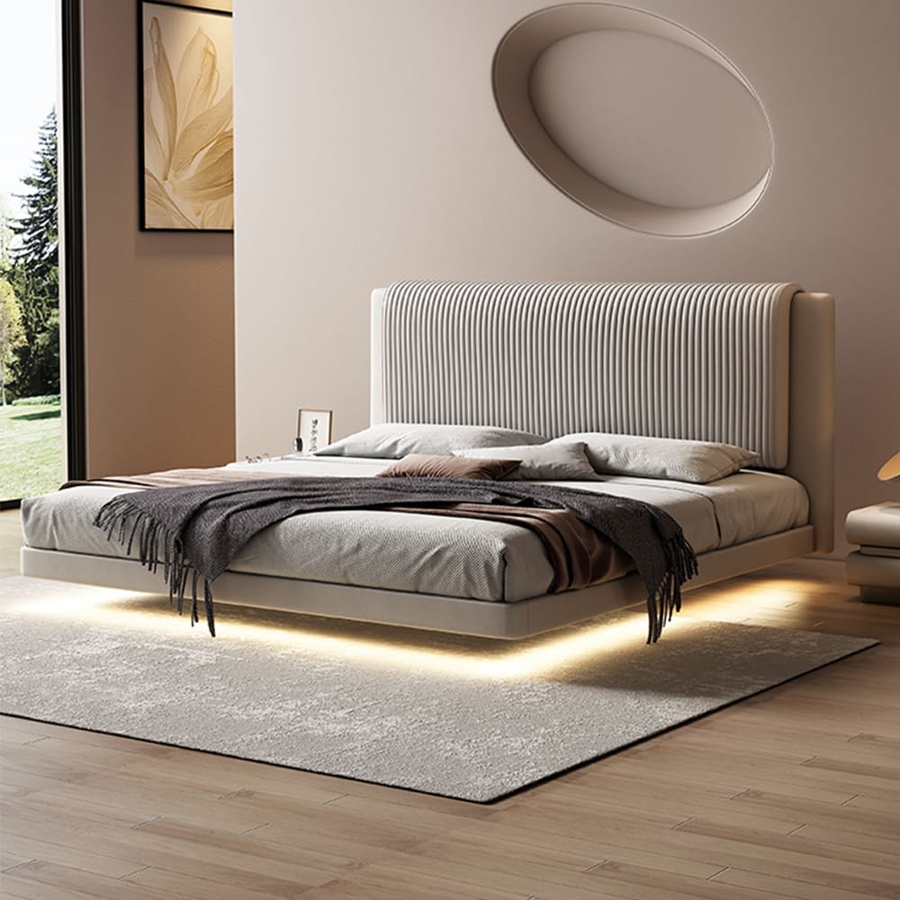 Warren Stripe Headboard Calf Leather Floating Bed Frame King Size