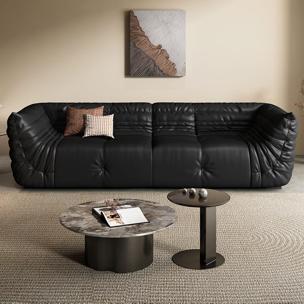 Tatami Calf Leather 3-Seater Sofa Pleated Shaped Armrest Couch